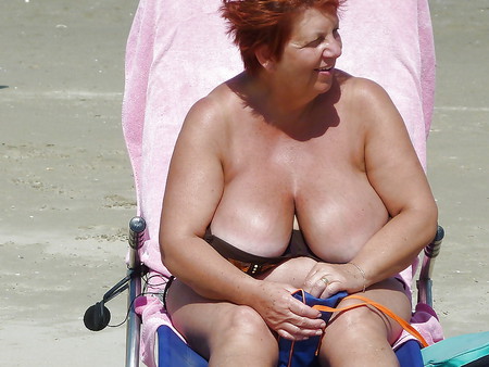 Busty granny on the beach! Mixed!